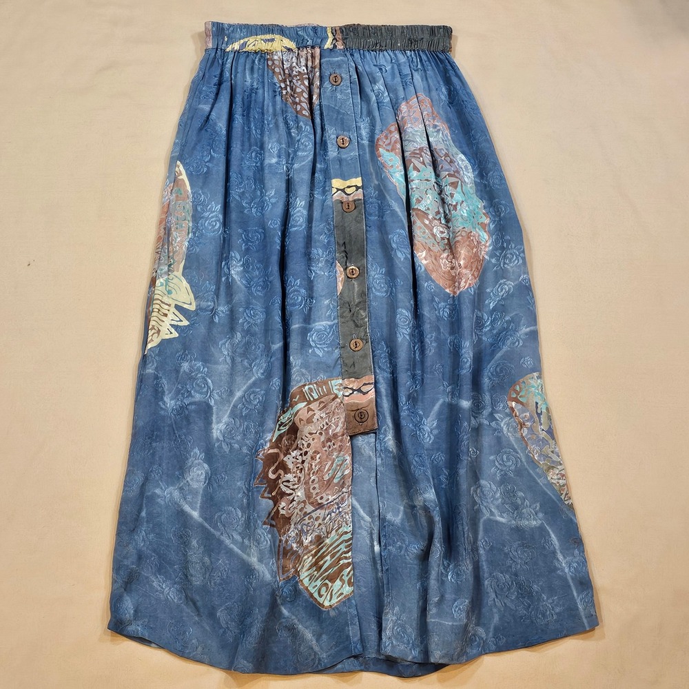 Sunset Rose Blue Floral Jacquard Batik Patchwork Rayon Maxi‎ Skirt Med Button-up